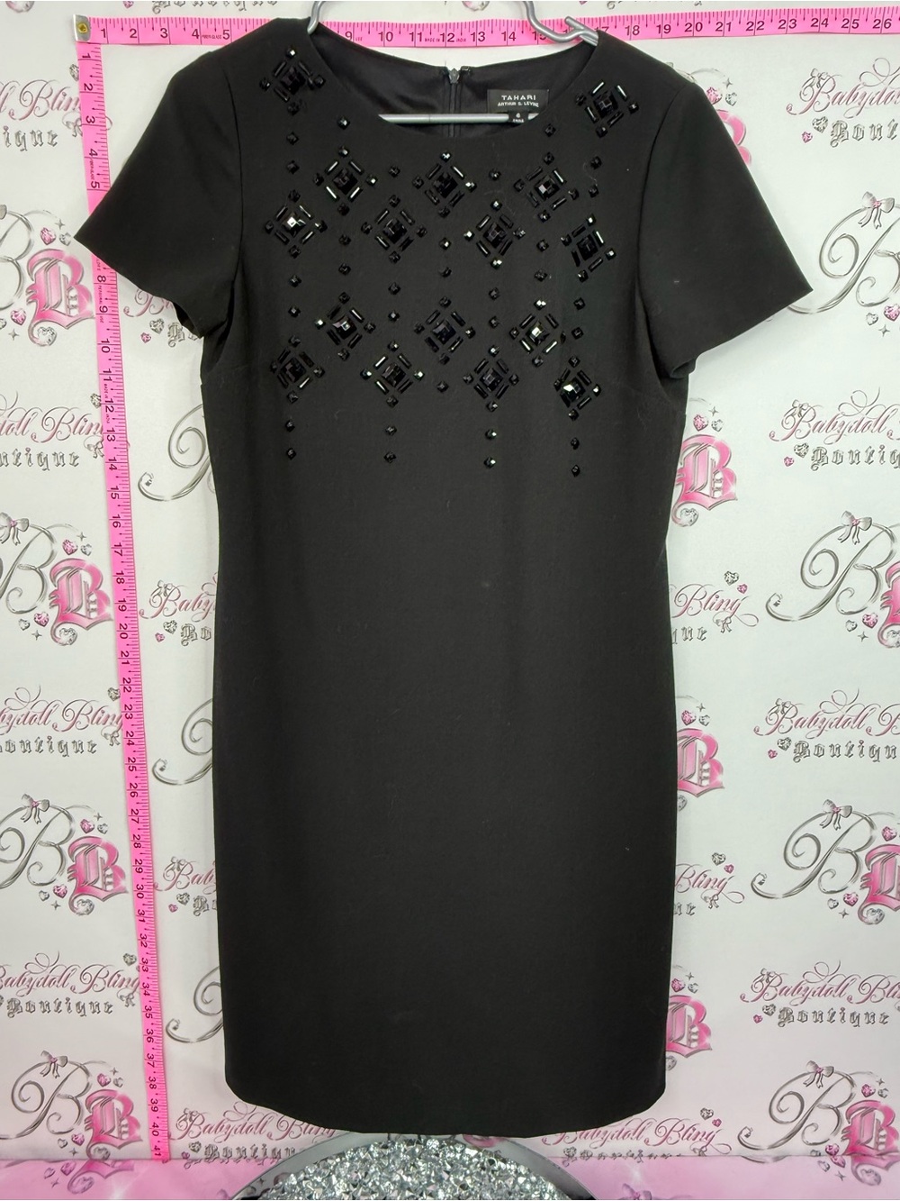 Tahari Arthur S Levine dress Black Short-Sleeve Jeweled Shift Dress